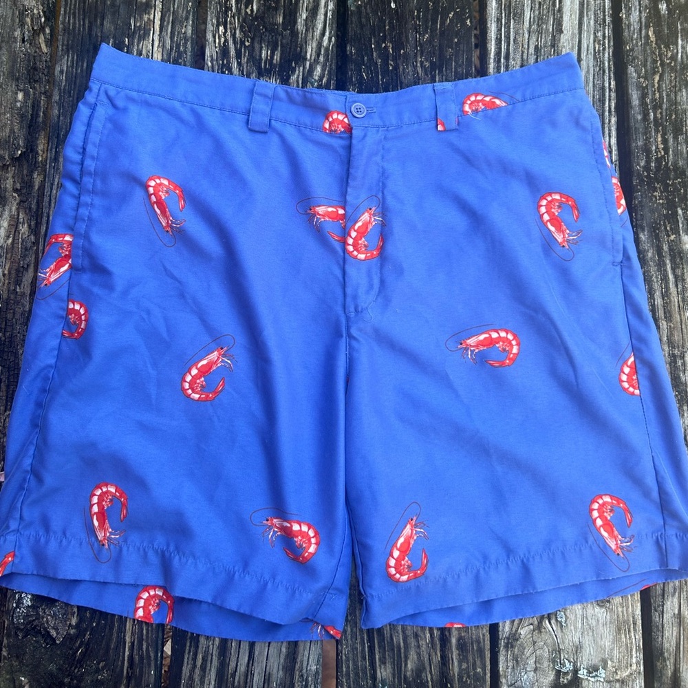 LIQUID FLOW Classic Fit Shrimp Print Blue Flat Front Golf Shorts Men's 40W  C9